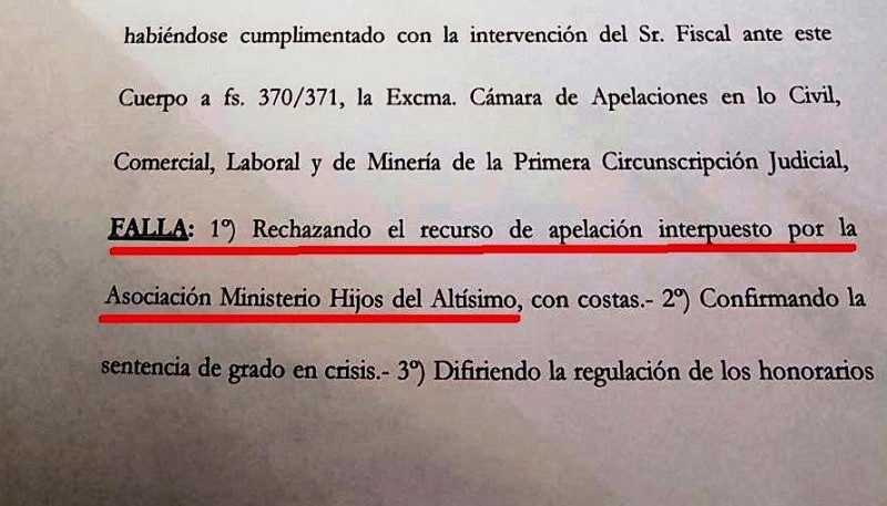 Apelaciones también rechazó el amparo de los Hijos del Altísimo.