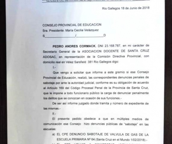 Fragmento de la nota enviada por ADOSAC al CPE