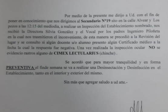 Mantenimiento escolar confirmó que no hay chinches en el Secundario 19