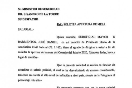 El escrito para el Ministro de Seguridad. 