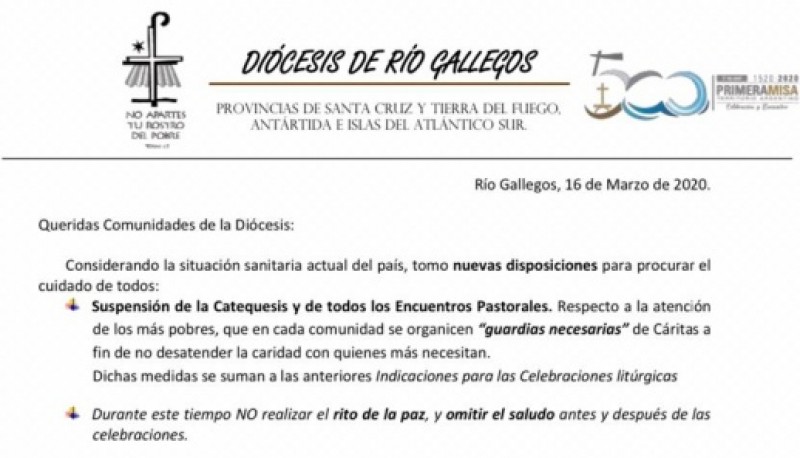 La diócesis de Río Gallegos comunicó nuevas disposiciones ante el Coronavirus