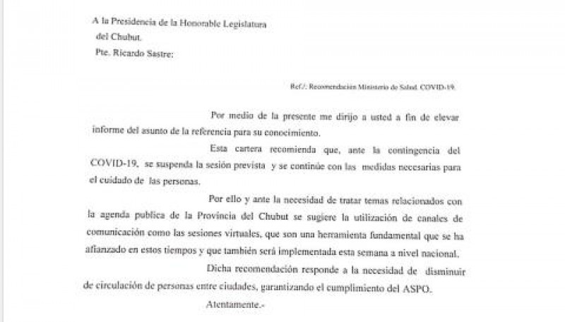 Nota del ministro de Salud a la Legislatura. 