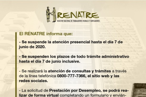 El RENATRE extiende la atención a distancia hasta el 7 de junio