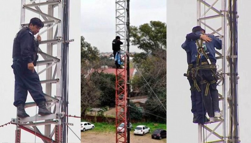 Tras dos horas de angustia, lograron bajar al policía que amenazaba con tirarse desde una antena