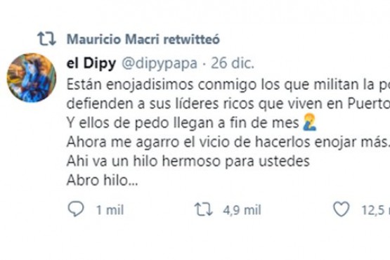 Macri compartió una publicación en twitter de El Dipy para criticar al Gobierno