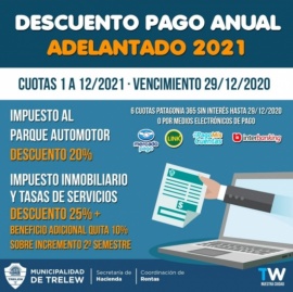 Trelew: últimos días para realizar el Pago Anual Adelantado 2021