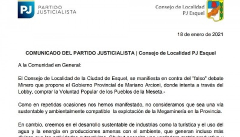 Esquel| Comunicado del Partido Justicialista 