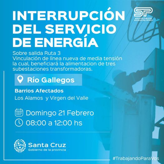 SPSE anuncia corte de energía para este domingo en Río Gallegos 