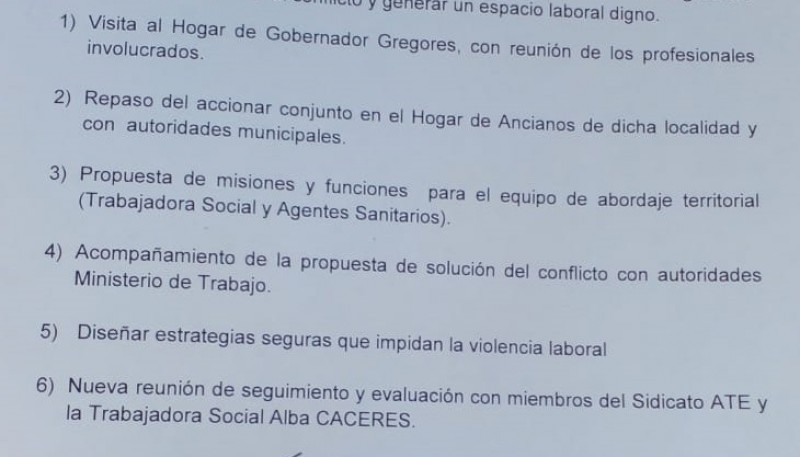 Acta firmada entre funcionarios y Cáceres luego de la reunión.