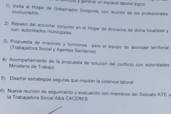 Acta firmada entre funcionarios y Cáceres luego de la reunión.