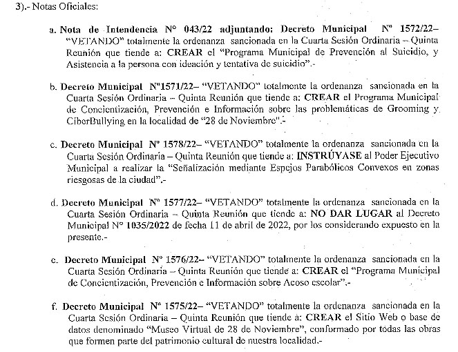 Extracto de la nota del Ejecutivo que vetó 10 ordenanzas.  