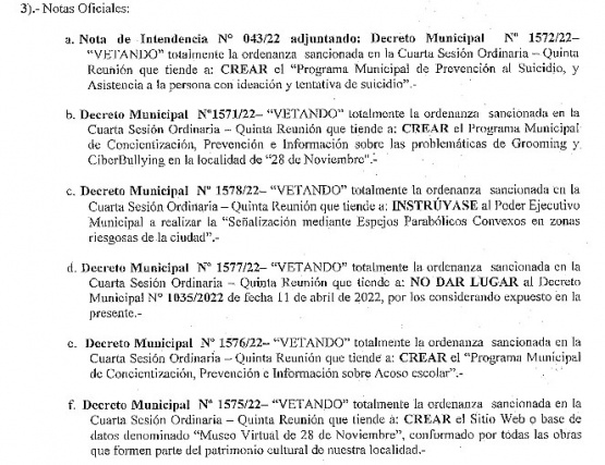 Extracto de la nota del Ejecutivo que vetó 10 ordenanzas.  