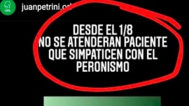 Un médico  avisó que desde agosto no atenderá más a "pacientes peronistas"