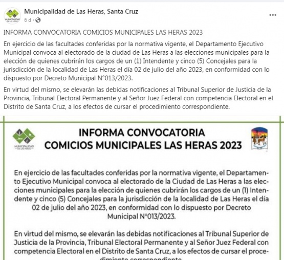 Convocatoria informada por el municipio de Las Heras en redes sociales. 