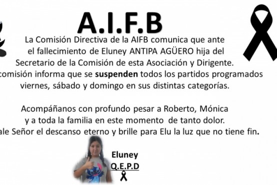 Por el fallecimiento de Eluney Antipa, la Liga de los Barrios suspendió todos los partidos del fin de semana