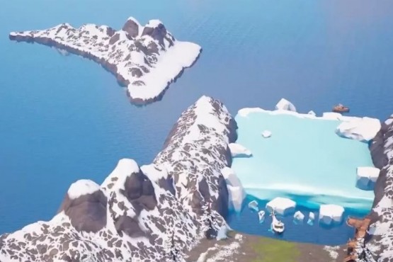 Así se ve dessde arriba el majestuoso Glaciar Perito Moreno en el Fortnite. Foto: NA/Captura de pantalla