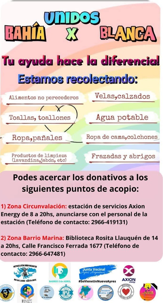 Juntas Vecinales de Río Gallegos juntan donaciones para Bahía Blanca