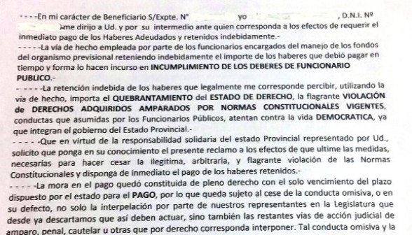 Carta documento enviada al Gobierno. 